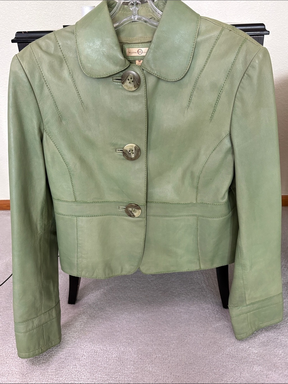 Wilsons Leather Light Green Cropped Button-Front Leather Jacket